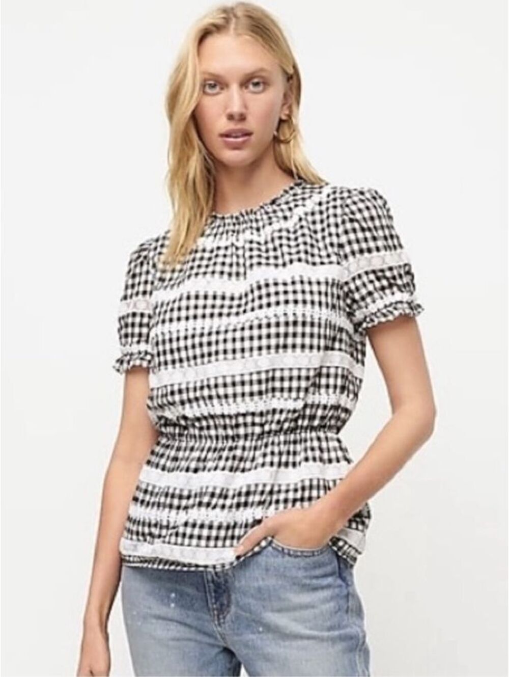 J.Crew Black White Gingham Lace Peplum Top Small NWT